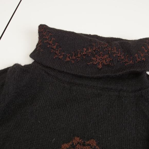 Peruvian Connection Black Floral Knit Alpaca Blend Pullover Turtleneck Sweater M - Picture 7 of 9